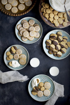 Shortbread Cookie Bar served with milk. Photographed from top vi
