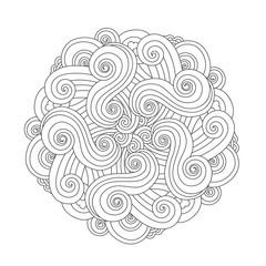 Graphic Mandala with waves and curles. Element of sea. Zentangle inspired style. - 134756074