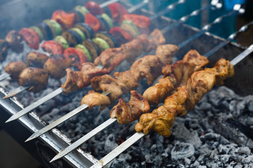 Beef and chicken kebab. Fresh meat at grill, bbq