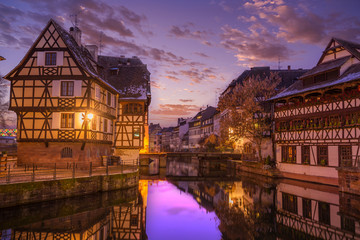 Petit France medieval district of Strasbourg at night