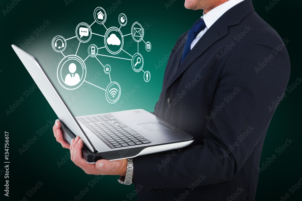 Poster composite image of businessman with watch using tablet pc 3d