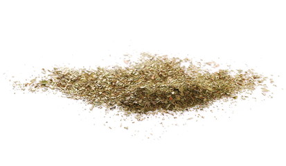 Pile of dried oregano leaves isolated on white background