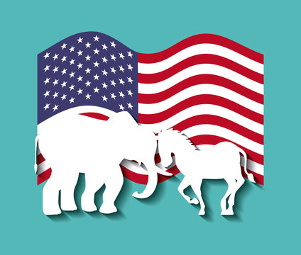 silhouette of elephant and horse over usa flag. colorful design. vector illustration