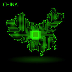 Abstract map of China. Vector illustration. Map of China as an electronic circuit.