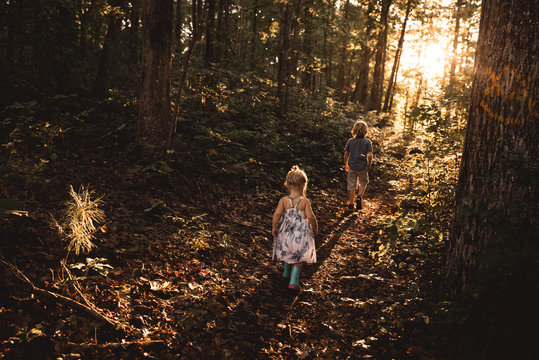Two children walking through the woods