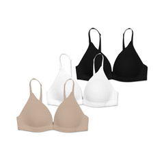 pack of three triangle bras, white nude and black, isolated 