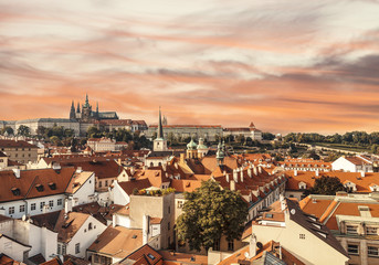 View of the historic part of Prague with St. Vitus Cathedral at sunset, Czech Republic