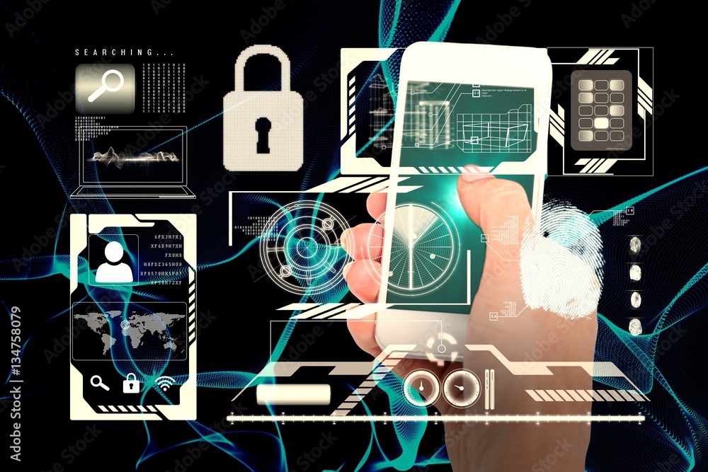 Poster composite image of hand showing smartphone 3d