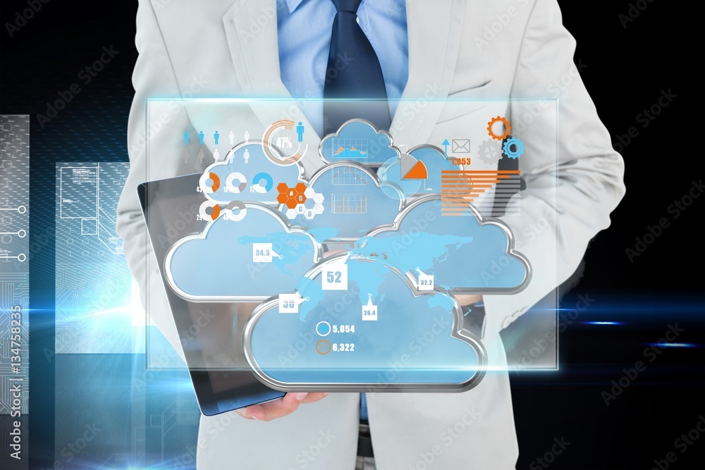 Poster composite image of geeky businessman pointing to tablet pc 3d