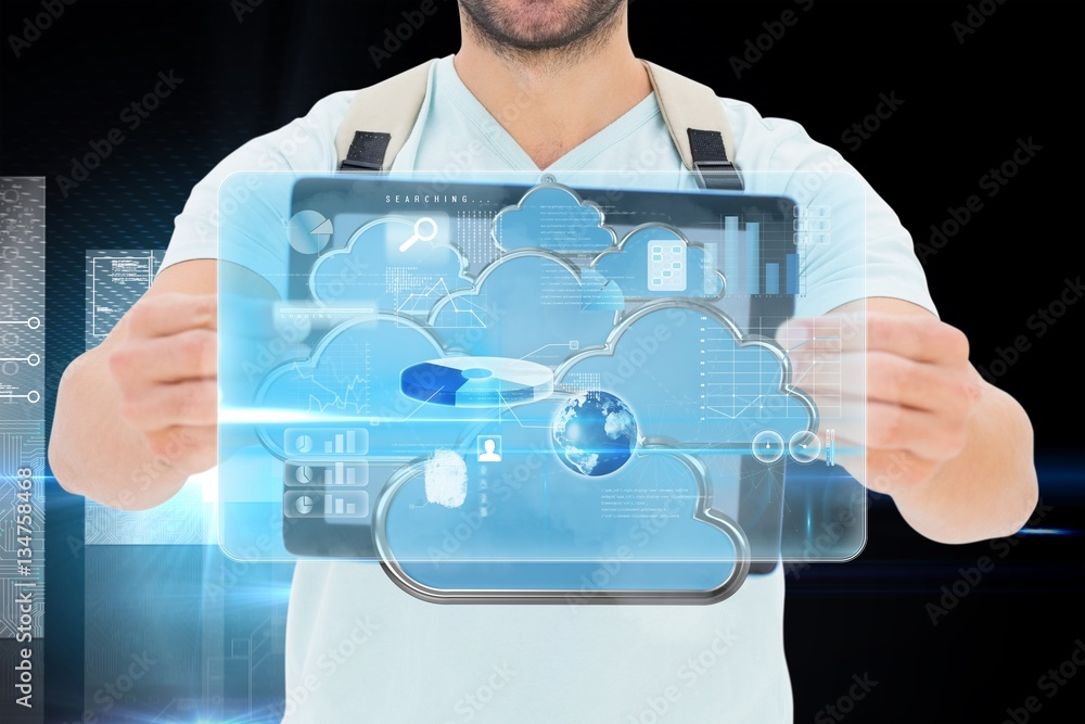 Poster composite image of student showing tablet