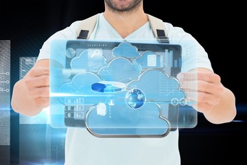 Composite image of student showing tablet