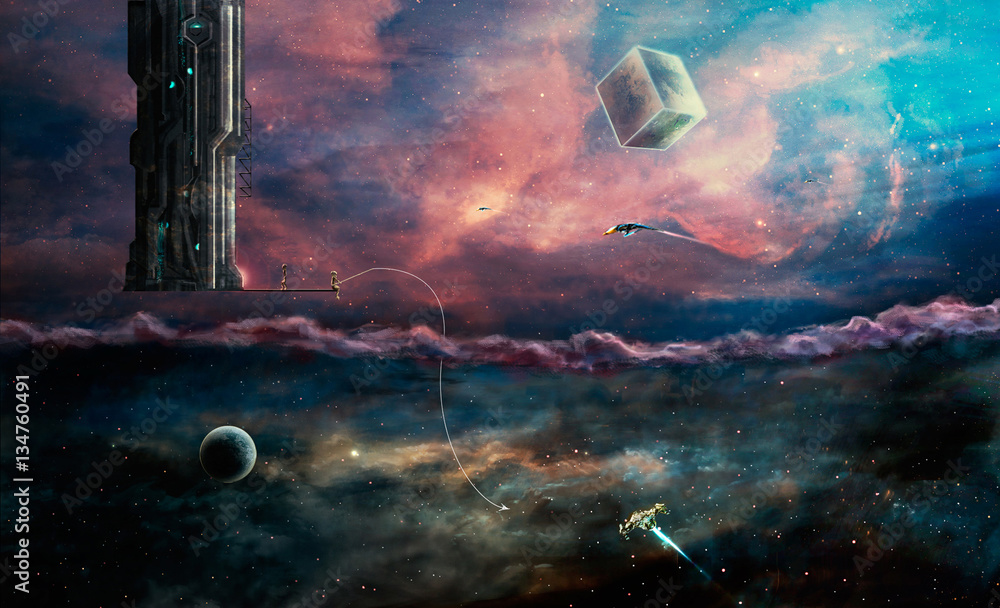 Wall mural space background. two world. alien and space colorful nebula with planet and spaceship. elements fur