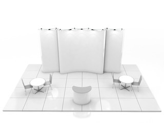 Blank creative exhibition stand design with color shapes. Booth template. 3D render