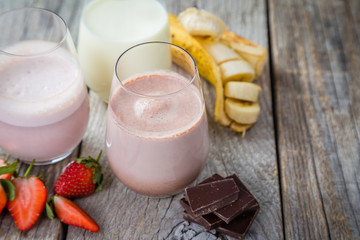 Selection of flavoured milk - strawberry, chocolate, banana