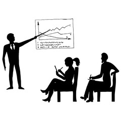 Black and white image of businessman with graph and two peoples with notes. Concept of presentation, meeting or training courses for adult.