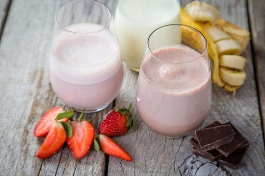 Selection of flavoured milk - strawberry, chocolate, banana