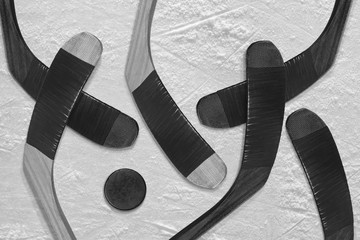 Hockey puck and stick on the ice