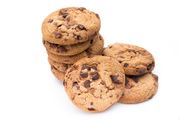 Chocolate chip cookies isolated on white background.