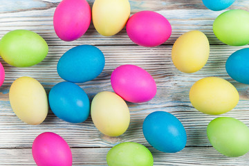 . Easter eggs on a blue wooden background  