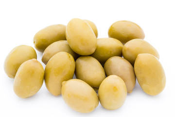 Green big olives on the white background.