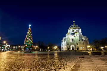 View of the Kronstadt Naval Cathedral in the Christmas winter ev
