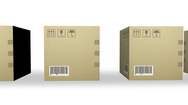 moving row of corrugated cardboard box packages isolated on white background with space for your logo or text seamless loop. shipping, logistics and retail goods delivery commercial business concept