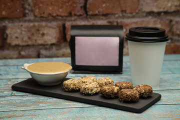 Granola served with coffee,milk,fruits