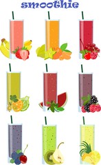 Collection cartoon of fruit smoothies in flat style. Vector illustration.