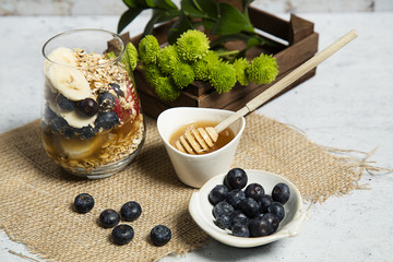 Granola served with yogurt, fruits and honey