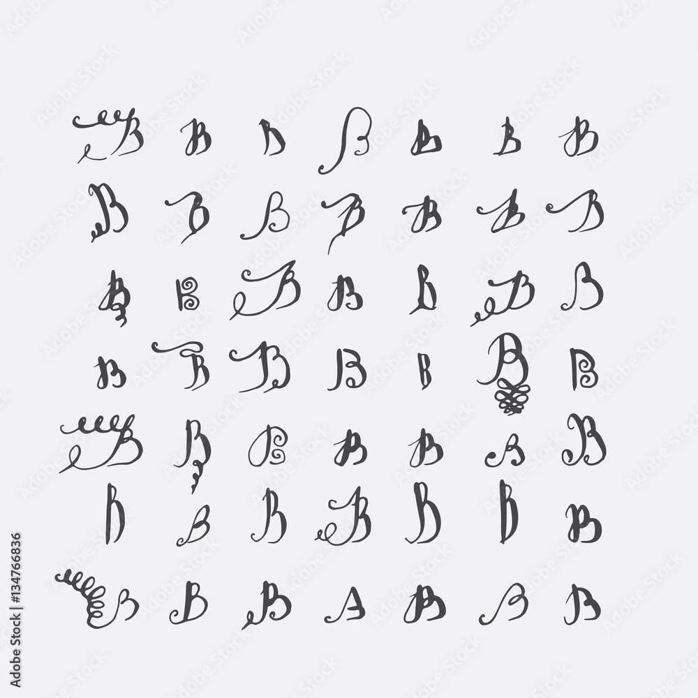 Poster vector set of calligraphic letters b, handwritten with pointed nib, decorated with flourishes and de