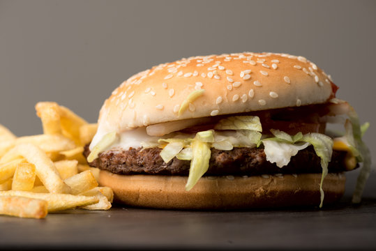 Real burger with potato fries
