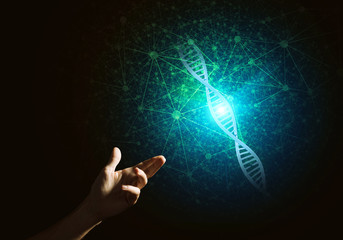 Science medicine and technology concepts as DNA molecule on dark background with connection lines