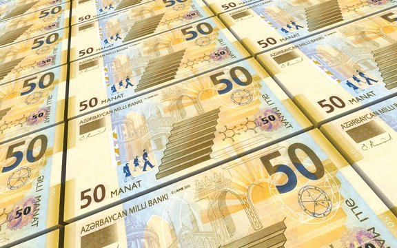 Azerbaijan manat bills stacked background. 3D illustration.