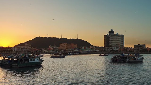 Panama 01/01/2017: panama city harbour port at sunset casco viejo area