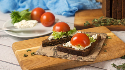 Fototapeta na wymiar Healthy Snacks Sandwiches with goat cheese, salad, cherry tomatoes
