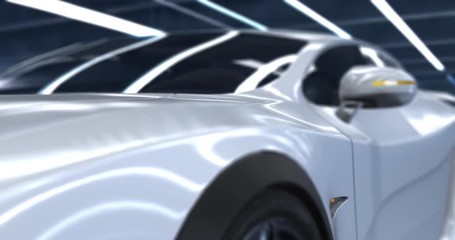 Generic luxury white sports car 3d animation. Close-up camera shots with depth of field.