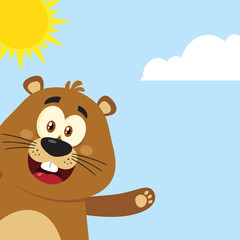 Obraz na płótnie Canvas Cute Marmot Cartoon Mascot Character Waving From Corner. Illustration Flat Design With Background