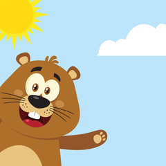 Cute Marmot Cartoon Mascot Character Waving From Corner. Illustration Flat Design With Background