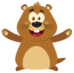 Happy Marmot Cartoon Mascot Character With Open Arms. Illustration Flat Design Isolated On White Background