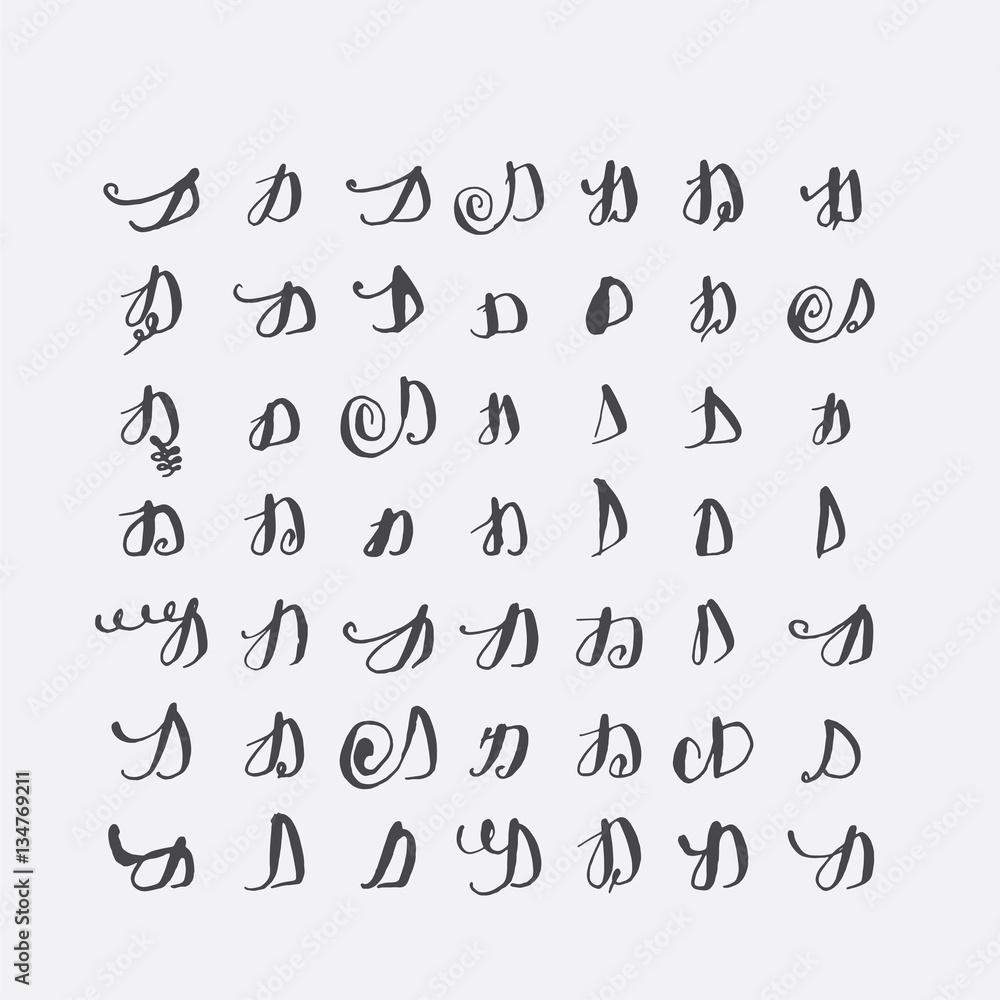 Poster vector set of calligraphic letters d, handwritten with pointed nib, decorated with flourishes and de