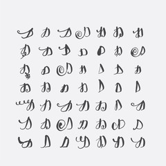 Vector set of calligraphic letters D, handwritten with pointed nib, decorated with flourishes and decorative elements. Isolated on grey black imperfect letters sequence. Various shapes collection.