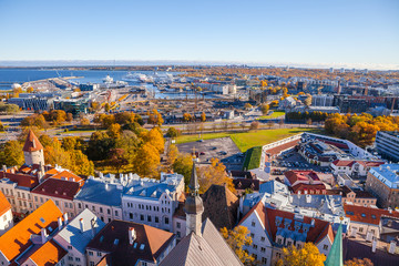 Roof top view of old Tallinn and harbor terminal