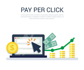 Pay Per Click flat style banner. Internet advertising, online business concept. Modern illustration for web design, marketing and print material.