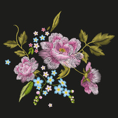 Embroidery colorful floral pattern with dog roses and forget-me-not flowers. Vector traditional folk fashion ornament on black background. - 134769634