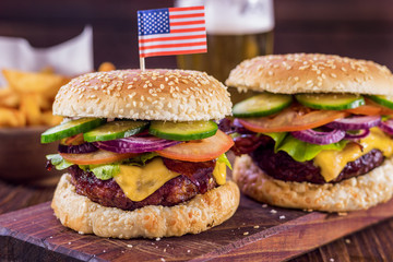 American Burger and a Glass of Beer