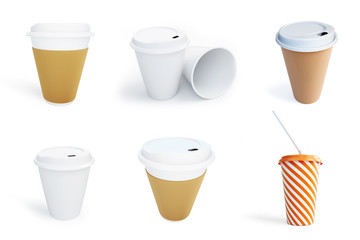 paper coffee cup set Isolated on White Background. 3D illustration