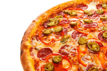 Part of delicious classic italian Burning Pizza with sausages, pepper, jalapeno sauce and cheese