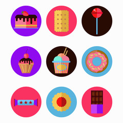 Sweets flat icons with cake lollypop candy donut ice cream