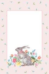 Watercolor vintage greeting card with cute bunny and flowers