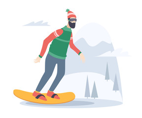 Young man snowboarding on the background of snow capped mountain. Snowboarder on piste in mountains. Vector flat design illustration.